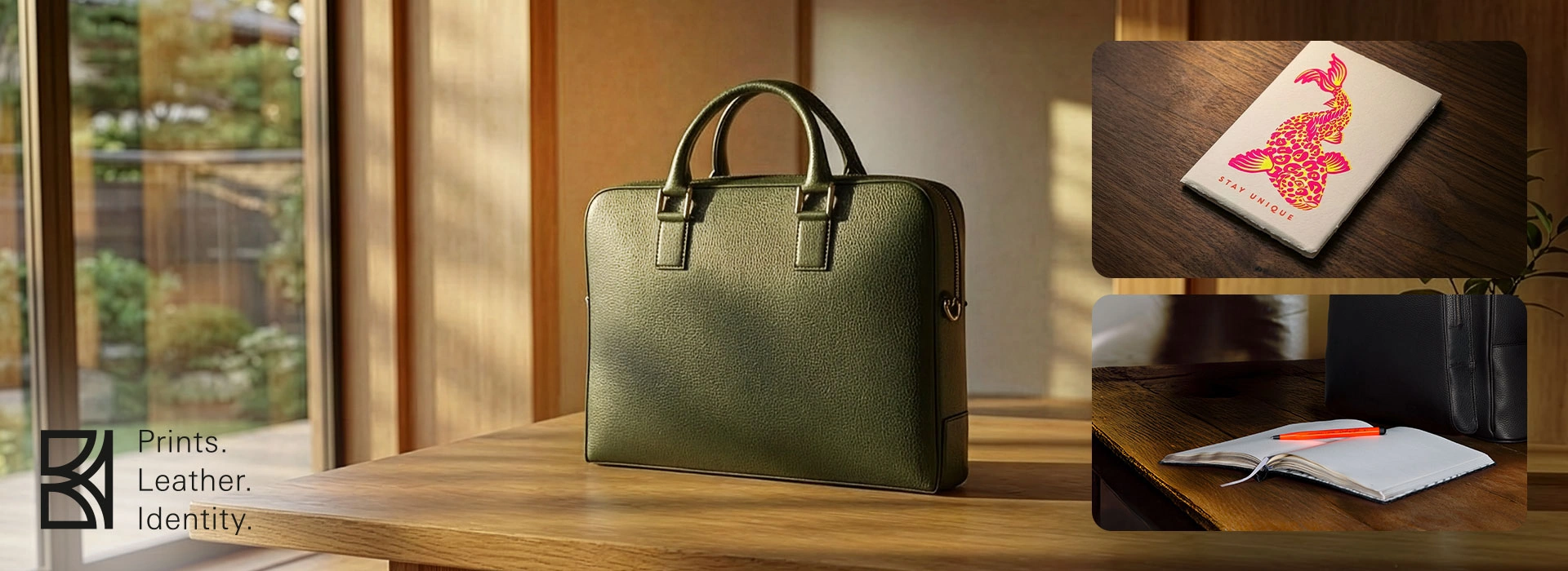 Prints. Leather. Identity. Bethge Slogan Prints. Leather. Identity. Bethge Slogan